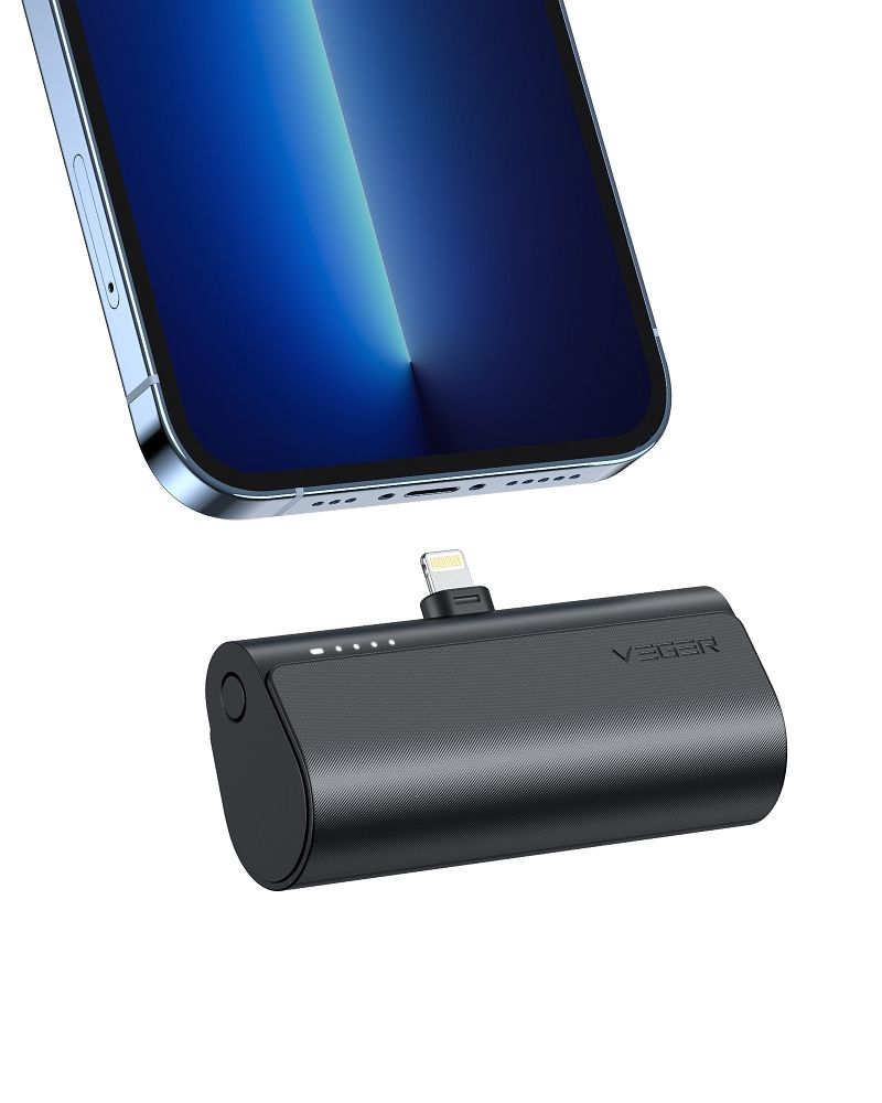 VEGER Power Bank PlugOn - 5000mAh with build connector for Lightning 8-pin PD 20W - Melna