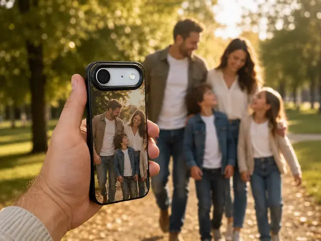Phone with a family photo on the case during a park walk