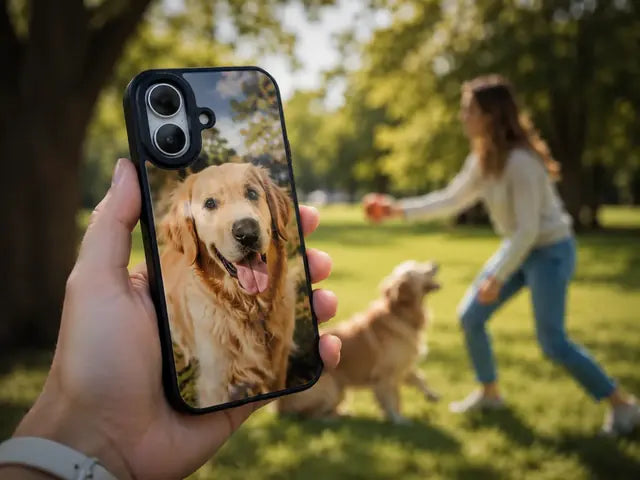 Phone with a dog photo on the case