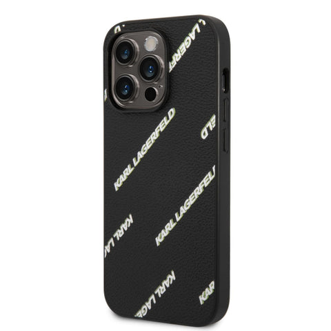 Viedtālruņa aizmugurējais vāciņš Apple iPhone 14 Pro Max Karl Lagerfeld Grained Leather Logomania KLHCP14XPGMLKFK - Melna ar tekstu