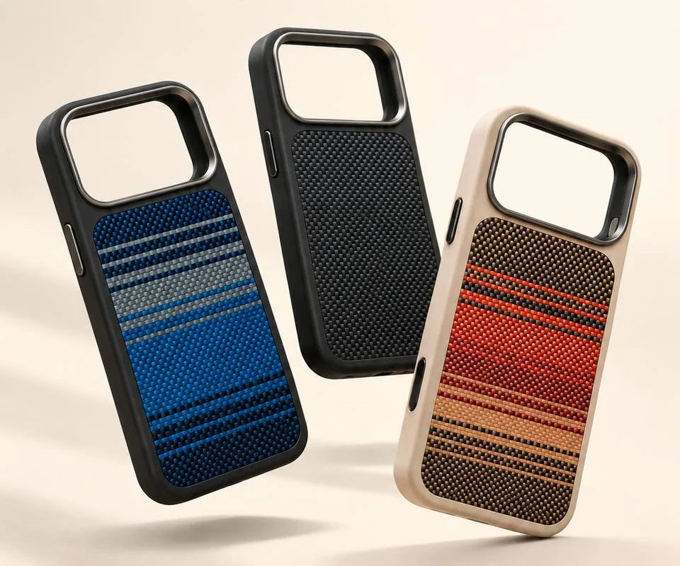Three AIOO Kevlar cases: blue weave, black, and sand-coloured with a red weave