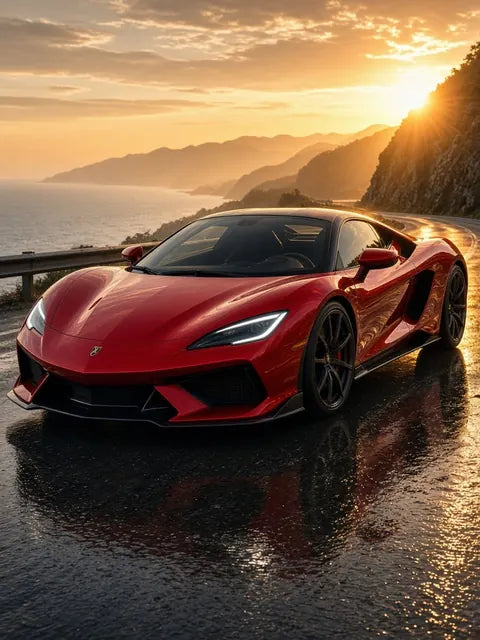 Red sports car on the road with background