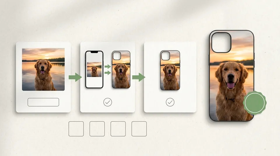 Photo steps: original, adjusted for case, and finished case with dog picture