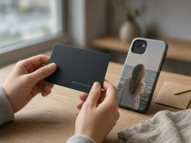 Hand giving a gift card, next to a phone with a personalised case
