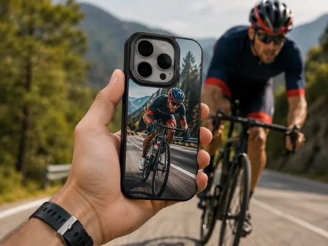 Phone with a cyclist photo on the case