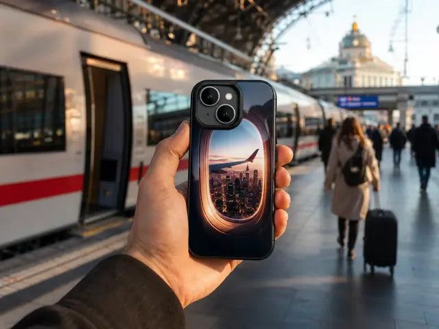 Phone with a travel photo on the case at a station