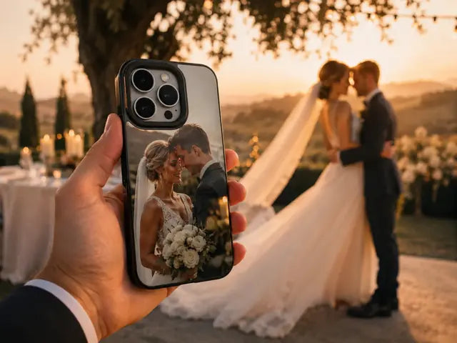 Phone with a wedding photo on the case