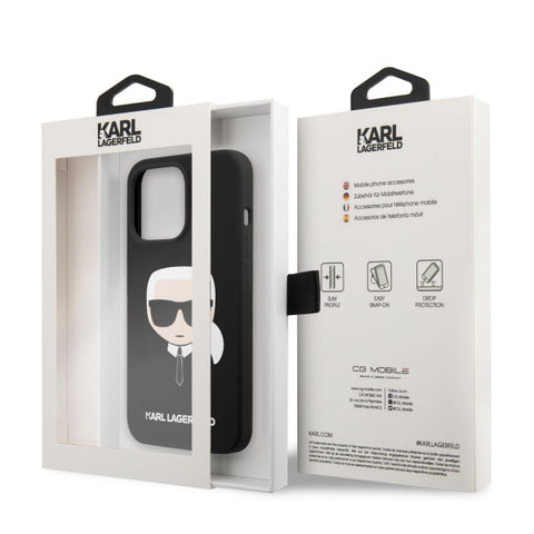 Viedtālruņa aizmugurējais vāciņš Apple iPhone 13 Pro Max Karl Lagerfeld Magnetic Liquid Silicone - Melna ar dizainu